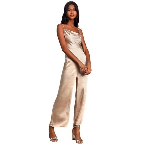 Lulus Pants - LUSH Champagne Satin Cowl Neck Culotte Jumpsuit